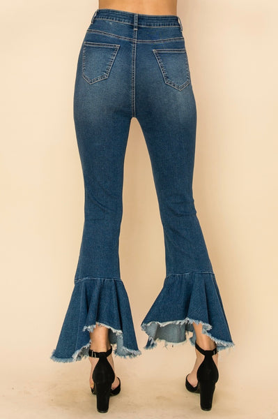 Western Ruffle Bell Bottom Denim Jeans