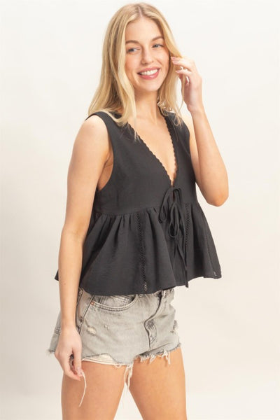 Lace Trim Tie Front Top