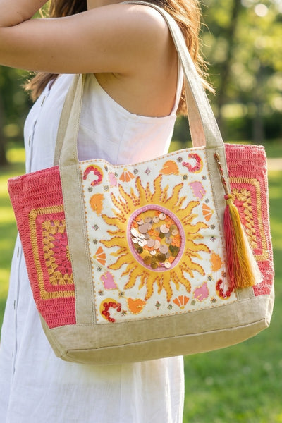 Embroidered Jute Fringe Tote Bag
