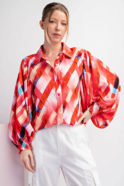 Printed Puff Sleeve Top-Large