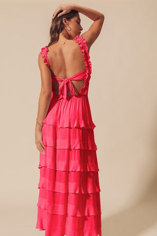 Coral Smocked Ruffle Open Back Maxi Dress