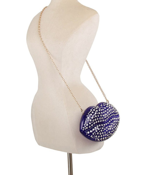 Semi Clear Rhinestone Lip Clutch Crossbody Bag