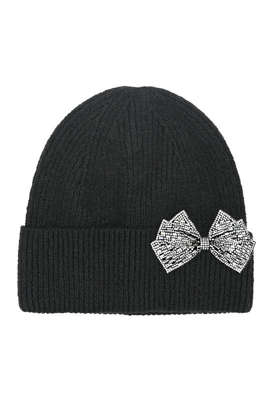 Lucy Rhinestone Bow Cuff Beanie Hat