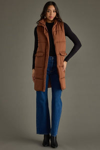 Brown Long Puffer Cardigan Vest