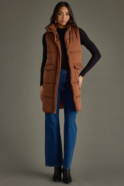 Brown Long Puffer Cardigan Vest
