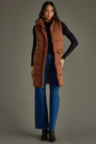 Brown Long Puffer Cardigan Vest