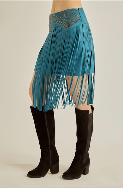 Teal Studded Fringe Skirt