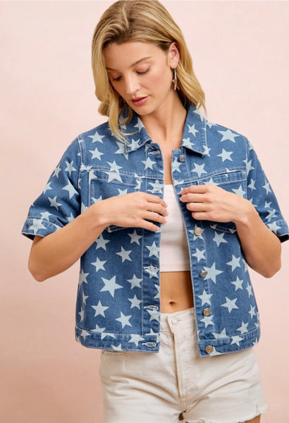 Star Printed Denim Button Up Top