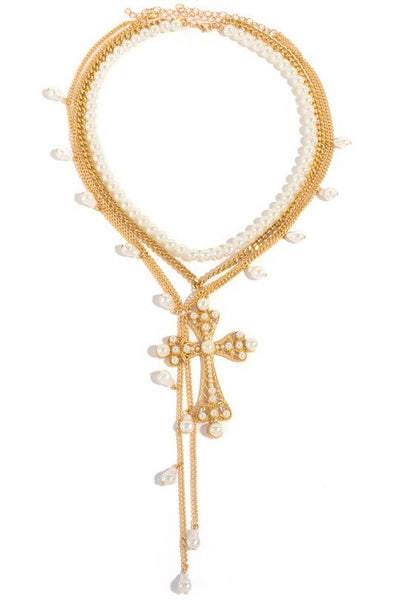 Multi Layer Pearl Cross Necklace