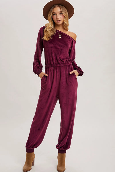 Plum Velvet One Shoulder Jumpsuit