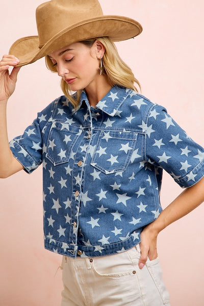 Star Printed Denim Button Up Top