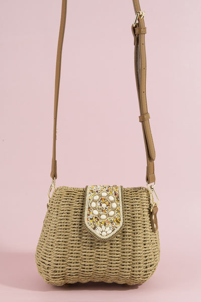 Beaded Straw Crossbody Bag
