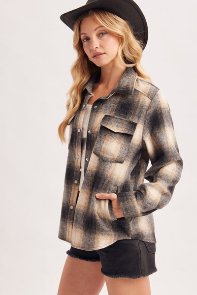 Snap Button Down Plaid Shacket Jacket