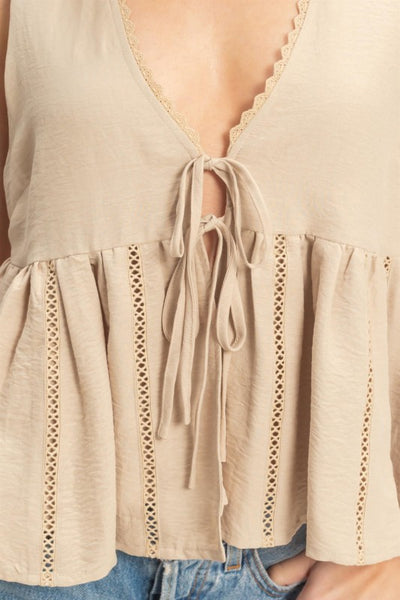 Lace Trim Tie Front Top