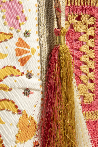 Embroidered Jute Fringe Tote Bag