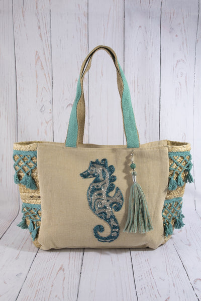 Embroidered Jute Fringe Tote Bag