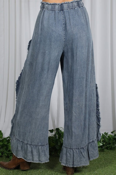 Flared Chambray Denim Pants-Large