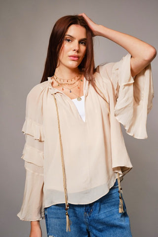 Preorder Tassel Tie Ruffle Sleeve Top