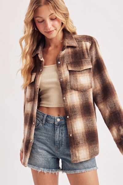 Snap Button Down Plaid Shacket Jacket