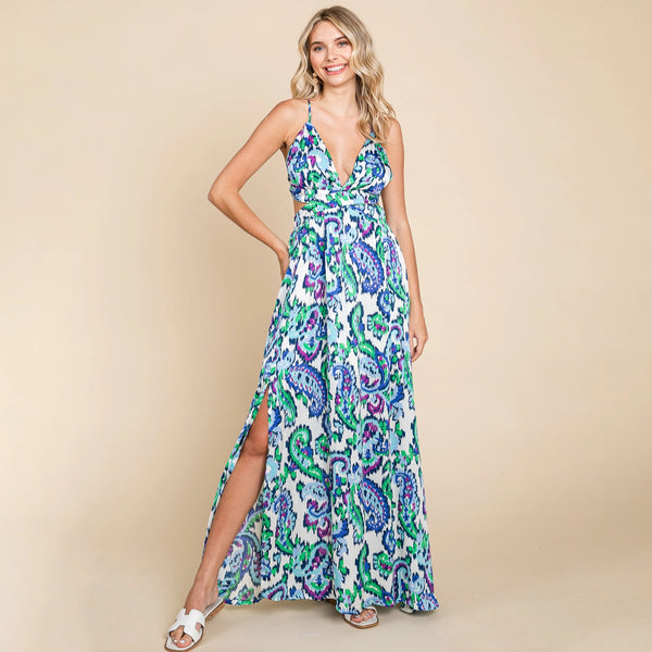 Deep V Neck Boho Maxi Dress