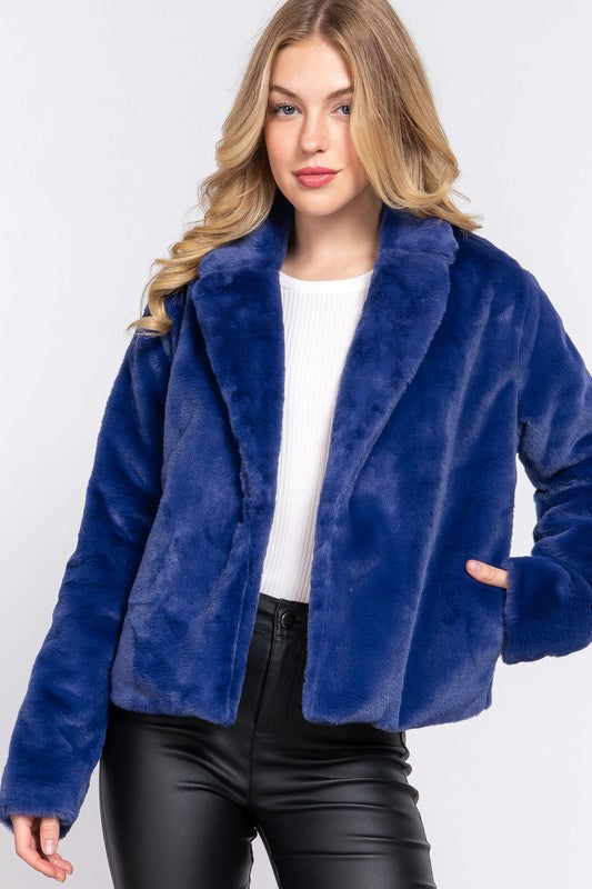 Notched Collar Faux Fur Jacket