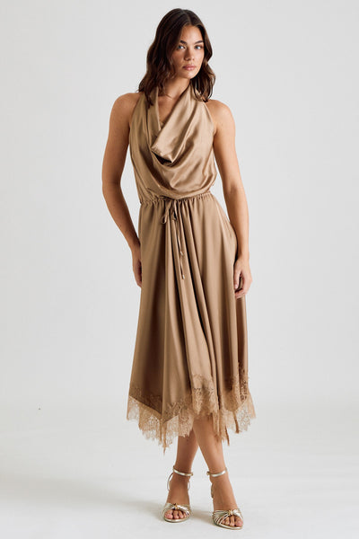 Halter Cowl Neck Lace Midi Dress