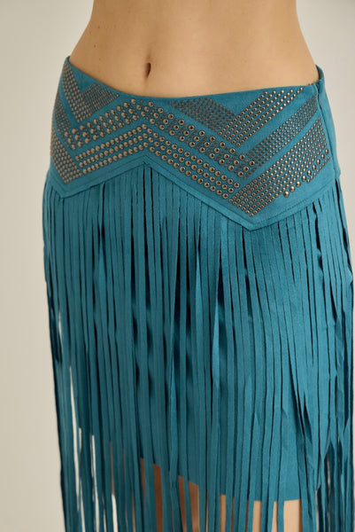 Teal Studded Fringe Skirt