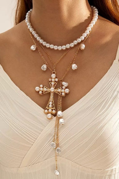 Multi Layer Pearl Cross Necklace