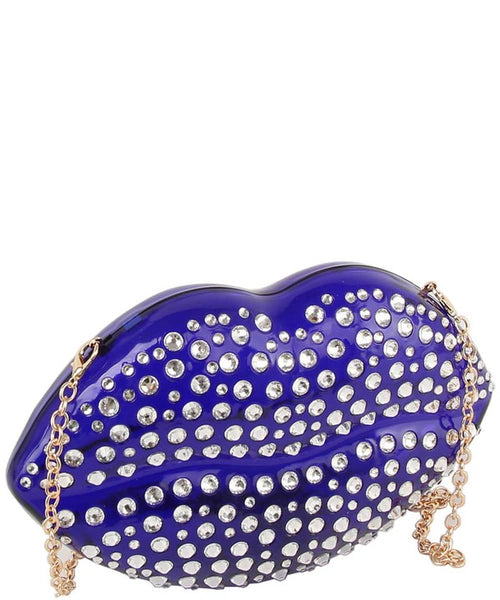 Semi Clear Rhinestone Lip Clutch Crossbody Bag