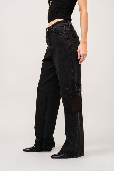 Lace Patchwork Straight Leg Jeans
