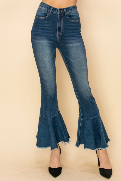 Western Ruffle Bell Bottom Denim Jeans