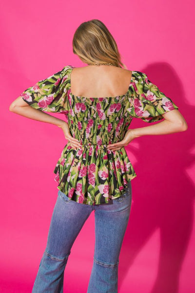 Ivy Floral Balloon Sleeve Top