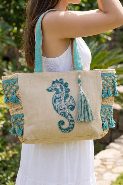 Embroidered Jute Fringe Tote Bag
