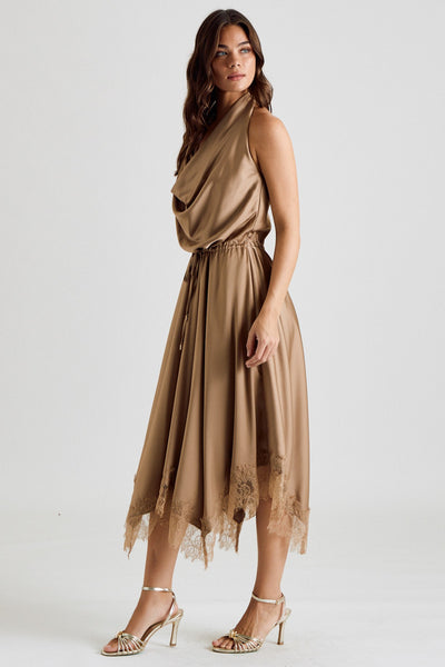 Halter Cowl Neck Lace Midi Dress
