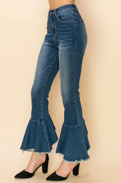 Western Ruffle Bell Bottom Denim Jeans
