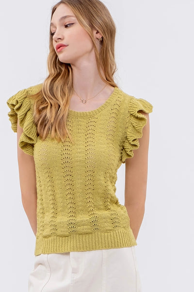 Kiwi Eyelet Back Tie Crochet Knit Top