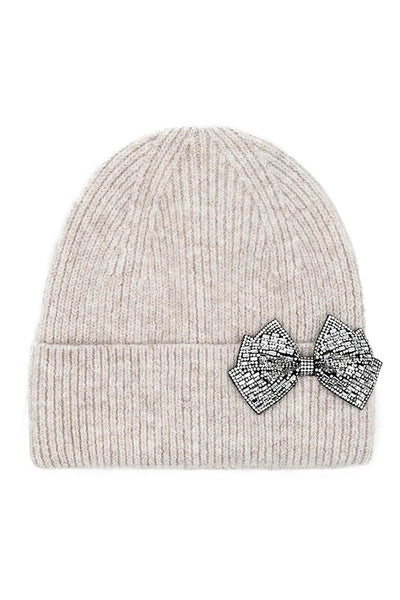 Lucy Rhinestone Bow Cuff Beanie Hat