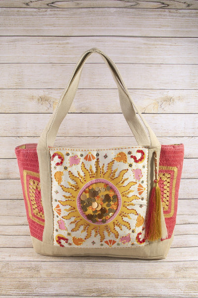 Embroidered Jute Fringe Tote Bag