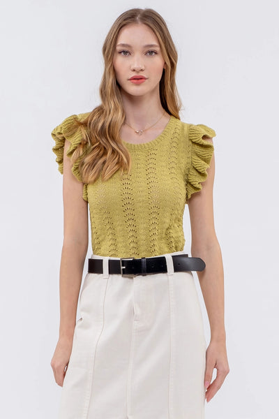 Kiwi Eyelet Back Tie Crochet Knit Top