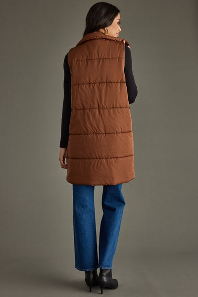 Brown Long Puffer Cardigan Vest