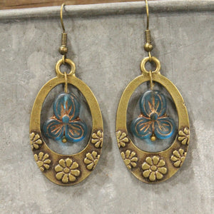 Groovy Flower Czech Blue Hoop Earrings