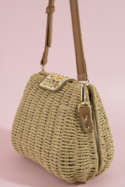 Beaded Straw Crossbody Bag