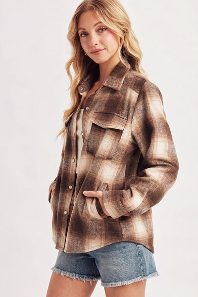 Snap Button Down Plaid Shacket Jacket