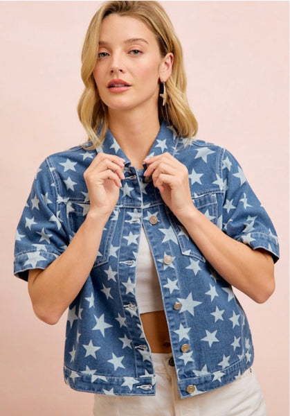 Star Printed Denim Button Up Top