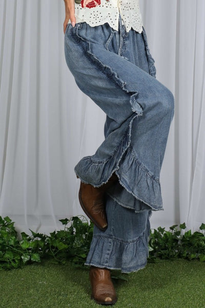 Flared Chambray Denim Pants-Large