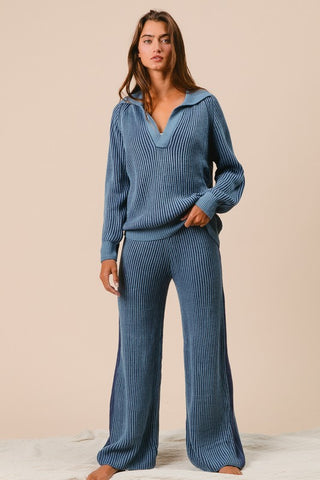 Two Tone Rib Texture Sweater & Pant Set