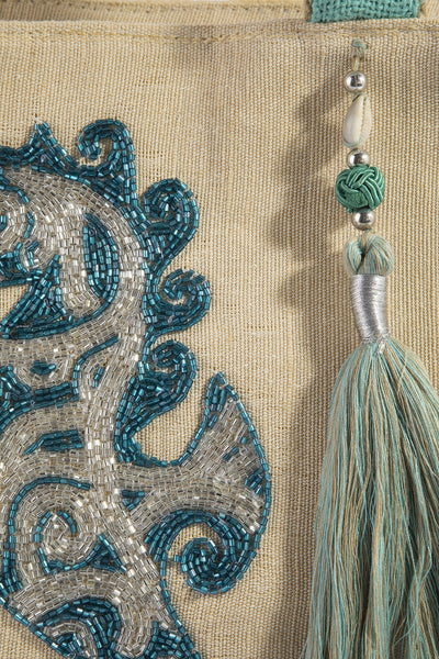 Embroidered Jute Fringe Tote Bag