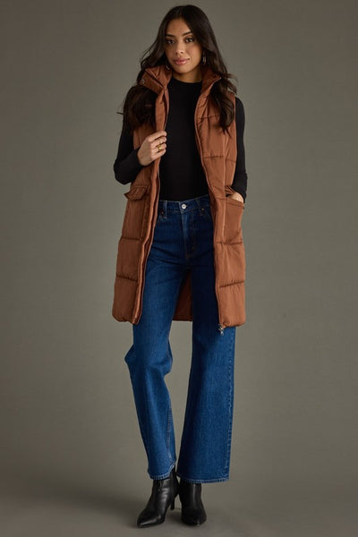 Brown Long Puffer Cardigan Vest