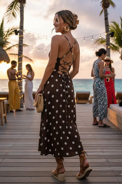 Preorder Polka Dot Lace Up Back Midi Dress