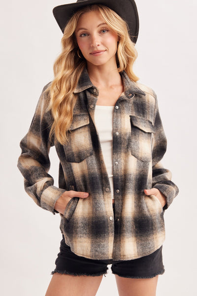 Snap Button Down Plaid Shacket Jacket